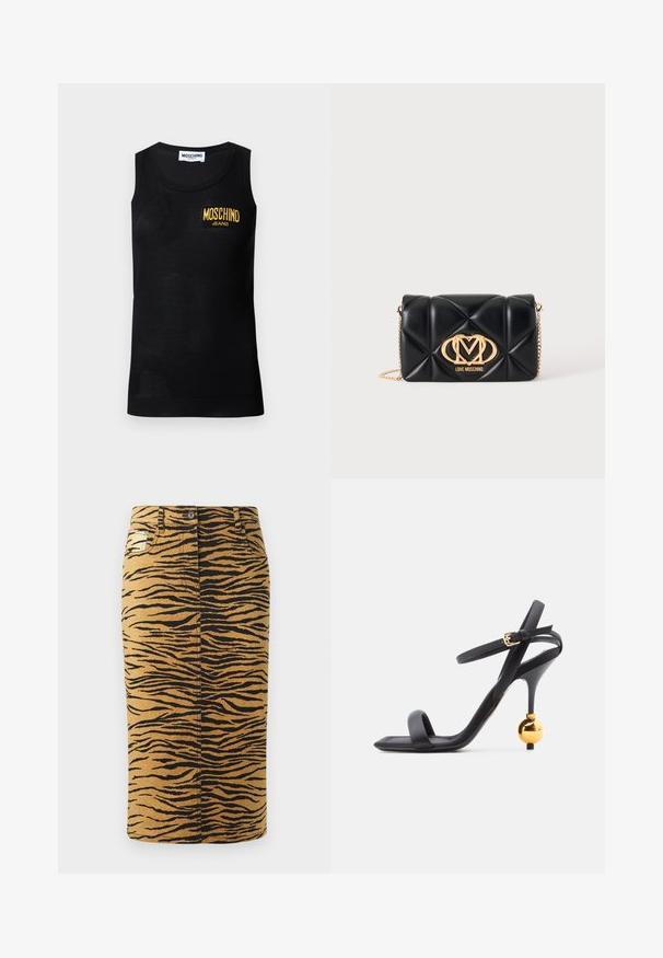 Sort ærmeløs tanktop med ribbet kant og en gul "Moschino Jeans" logo patch på venstre bryst.; Tigerstribet nederdel med en gylden baggrund og sorte mønstre. Lavet af denim, har den en lige pasform og inkluderer lommer.; Sort højhælet sandal med tynd anklerem og unikt guldfarvet kugleformet hældetalje, der har et firkantet tådesign.; Sort quiltet læderhåndtaske med guldkædestrop og gyldent Love Moschino-logo foran i midten.