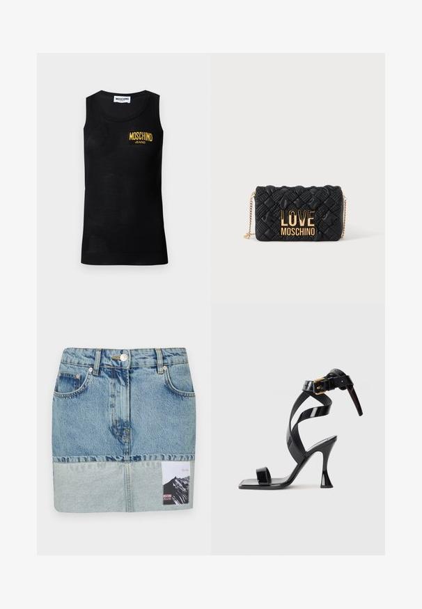 Čierny tielkový top bez rukávov s rebrovanými okrajmi a žltým nášivkou s logom "Moschino Jeans" na ľavej strane hrudníka.; Džínová mini sukňa s prechodom modrej farby, dizajnom s piatimi vreckami, striebornými detailmi a potlačenou nálepkou s grafikou hory.; Čierne lakované sandále na vysokom podpätku so štvorcovou špičkou, popruhom okolo členka a zlatou pribinou na bielom pozadí.; Čierna prešívaná crossbody kabelka so zlatým reťazovým remienkom a veľkým zlatým logom "LOVE MOSCHINO" na prednej strane.