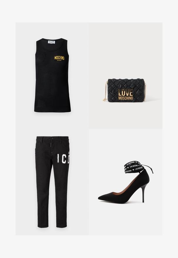 Schwarzes ärmelloses Tanktop mit gerippten Kanten und einem gelben "Moschino Jeans" Logo-Patch auf der linken Brust.; Schwarze Denim-Jeans mit schmaler Passform. Merkmale sind weißer Grafiktext auf der Vorderseite, fünf Taschen und ein Knopfverschlus. Glatte Textur.; Schwarzer High-Heel-Pumps mit spitzer Schuhspitze und Knöchelriemen mit der Aufschrift „LOVE MOSCHINO“ und kleinen weißen Herzsymbolen.; Schwarze gesteppte Umhängetasche mit goldener Kettenriemen und großem goldenen "LOVE MOSCHINO" Logo auf der Vorderseite.