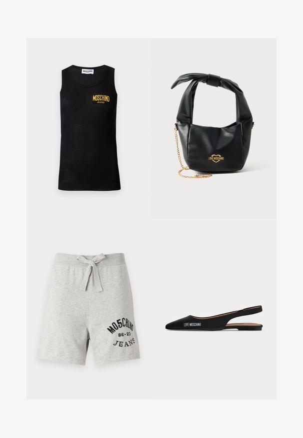 Čierny tielkový top bez rukávov s rebrovanými okrajmi a žltým nášivkou s logom "Moschino Jeans" na ľavej strane hrudníka.; Šedé bavlnené šortky s elastickým pásom a šnúrkou, s čiernym potlačeným logom na ľavom stehne. Voľný dizajn, po kolená, mäkká textura.; Čierna špicatá slingback balerína s nízkym podpätkom a logom "LOVE MOSCHINO" na boku na jednoduchom svetlom pozadí.; Čierna mäkká kožená kabelka Love Moschino s uzlíkovým uchom a zlatým retiazkovým popruhom na bielom pozadí.