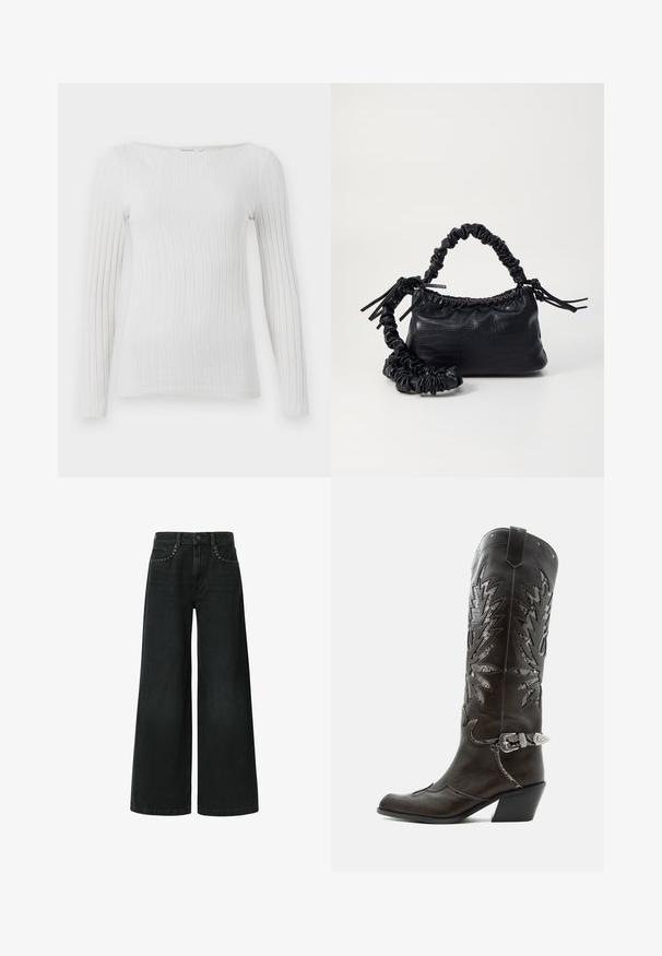 Hvid, ribbet langærmet top med bred rund halsudskæring og tætsiddende silhuet.; Bredde ben sorte jeans lavet af denim, med et klassisk fem-lomme design og dekorative nitter nær frontlommerne.; Sort læder cowboystøvle med dekorative udskæringer, sølvspænde og skrå hæl, vist på hvid baggrund.; Sort kunstlæder håndtaske med krokodilteksur, indsnøret top og en sammenkrøben rem. Ser blød og kompakt ud i designet.
