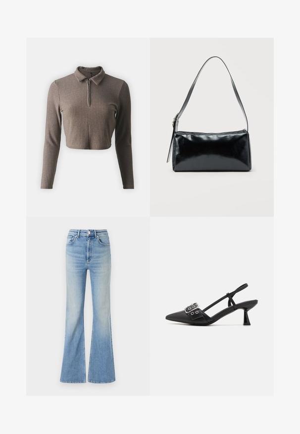 ONLY Petite ONLNELLA HALF ZIP - Langarmshirt - carafe; Helle blaue Schlagjeans aus Denim mit hoher Taille, fünf Taschen und subtilem Farbverlauf bis zum Saum.; Simmi London DALA - Pumps - black; Schwarze rechteckige Schultertasche mit einem verstellbaren Riemen und einem oberen Reißverschluss vor einfachem Hintergrund.
