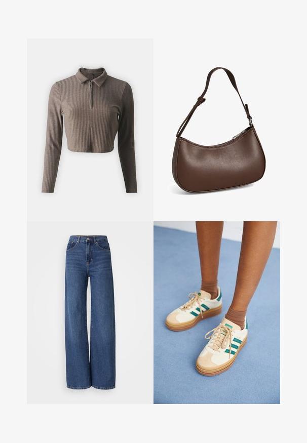 ONLY Petite ONLNELLA HALF ZIP - Langærmet T-shirt - carafe; Højtaljede, brede jeans i mørkeblå denim. Har fem lommer, bæltestropper og en blød tekstur med kontrasterende syninger.; Beige sneakers med mørkegrønne striber, gummisål, overdel i ruskind og tekstil samt neutralt hardware, parret med brune sokker på en lyseblå overflade.; Lille brun skuldertaske i læder med justerbar rem og lynlåslukning, vist mod hvid baggrund. Ingen synligt branding eller dekorationer.