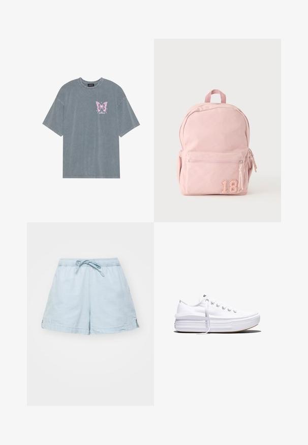 Γκρίζο oversized t-shirt από μαλακό βαμβάκι με κοντά μανίκια. Διαθέτει γραφικό με ροζ πεταλούδα στην αριστερή περιοχή του στήθους.; Απαλά μπλε, ελαφριά σορτς με ελαστική μέση και κορδόνι. Διαθέτει πλαϊνές τσέπες και χαλαρή γραμμή, κατασκευασμένα από μαλακό ύφασμα.; Λευκό καμβαδένιο αθλητικό παπούτσι χαμηλού προφίλ με παχιά σόλα τύπου πλατφόρμας, δέσιμο με κορδόνια μπροστά και λαστιχένιο καπάκι δακτύλων με υφή, απεικονίζεται σε πλευρικό προφίλ.; Ελαφρώς ροζ υφασμάτινο σακίδιο πλάτης με μπροστινή τσέπη με φερμουάρ και αυτοκόλλητο με τον αριθμό 18 στην κάτω δεξιά γωνία, με πλαϊνές τσέπες και πάνω χερούλι.