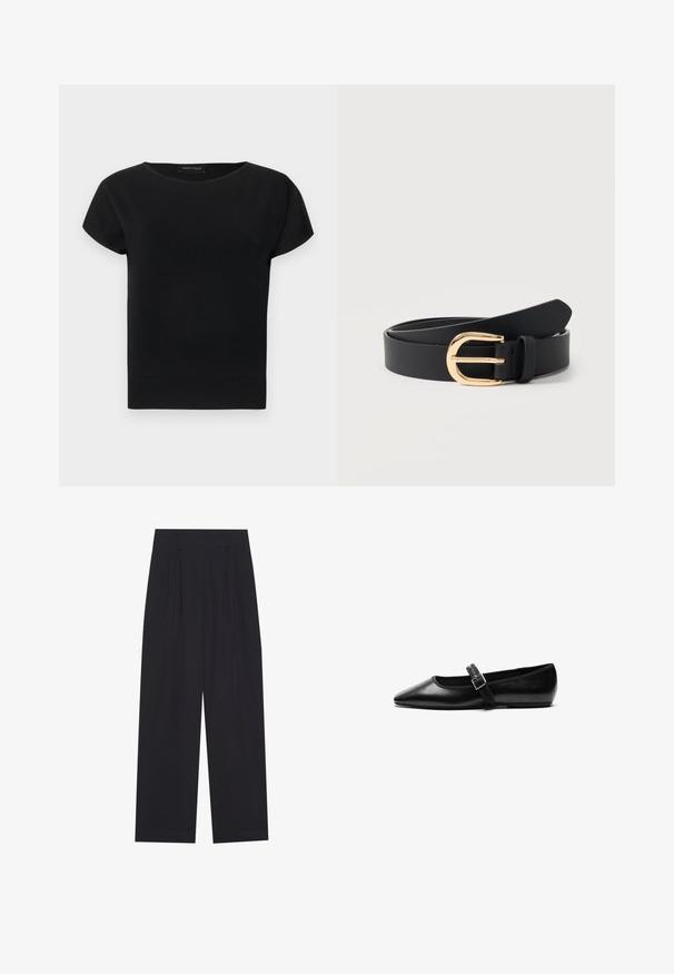 Camiseta negra de manga corta de punto con escote redondo y dobladillo acanalado, con una pequeña etiqueta en el cuello que dice "ANNA FIELD".; Pantalones anchos negros de tela suave, con pliegues, cinturilla plana y sin bolsillos ni adornos visibles.; Zapato plano negro de cuero con punta afilada, correa ajustable con hebilla de metal, textura suave y diseño minimalista.; Cinturón de cuero negro enrollado con una hebilla curva dorada brillante y una trabilla en un fondo blanco liso.