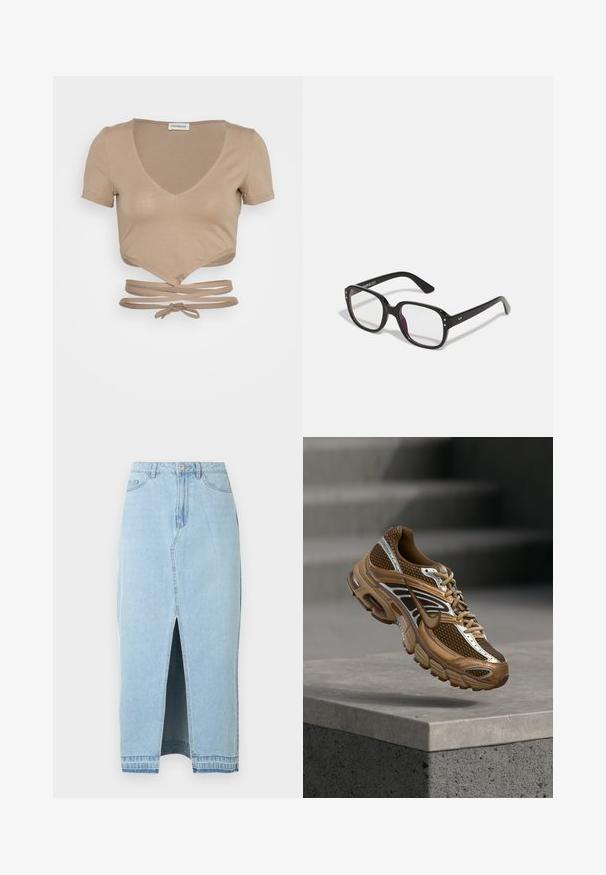 Even&Odd T-shirts print - taupe; Denimnederdel i lyseblå med en frontslids og en linning. Har traditionelt design med fem lommer og lukning med metal knap.; Brun og tan Nike sneaker med mesh og reflekterende detaljer, der svæver over en betonbeklædning mod en sløret grå baggrund.; Sorte rektangulære briller med klare linser, der har afrundede kanter og sideaccenter, med en blank finish på stellet og arme.
