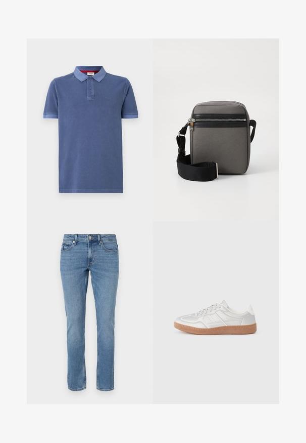 Polo bleu en coton avec des manches courtes, un col et deux boutons. Présente un logo subtil sur la poitrine et un fini contrastant.; Jean en denim bleu à jambes droites avec poches avant, passants de ceinture et fermeture à bouton.; Baskets argentées avec une texture lisse, un design à lacets, des accents perforés et une semelle en caoutchouc marron texturé.; Sac bandoulière en tissu gris avec une poche zippée noire, une sangle réglable et une forme rectangulaire. Il présente une texture lisse et un matériel en métal.