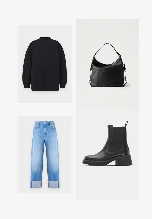Schwarzer übergroßer Pullover mit geripptem Stehkragen, langen Ärmeln sowie gerippten Bündchen und Saum, präsentiert vor neutralem Hintergrund.; Hellblaue High-Waist-Jeans mit geradem Bein, umgeschlagenen Säumen und ausgefransten Kanten, Vorderknopf und Taschen, vor weißem Hintergrund.; Schwarze Leder-Stiefeletten mit elastischen Seitenpanelen, abgerundetem Zehenbereich und einem klobigen Blockabsatz. Glatte Textur mit einem minimalistischen Design.; Schwarze Lederhandtasche mit einem breiten Einzelgriff, seitlichen Schnallendetails, einem Reißverschluss oben und einer kleinen Metallplatte mit der Aufschrift "Karl Lagerfeld".