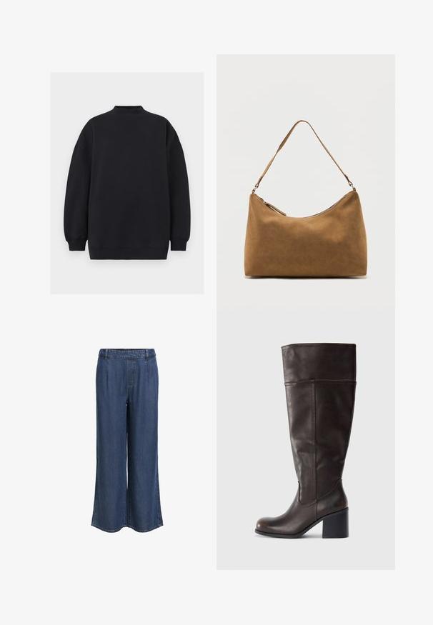 Sweat-shirt noir oversize avec col montant côtelé, manches longues, et poignets et ourlet côtelés, présenté sur un fond neutre.; Pantalon en denim bleu foncé à jambe droite avec une taille élastique et des passants de ceinture, sans poches visibles, présenté sur un fond blanc.; Botte en cuir marron hauteur genou avec un bout rond et un talon empilé. Présente une texture lisse et des coutures latérales.; Sac à bandoulière en daim marron avec une seule sangle et une fermeture éclair supérieure, présenté sur un fond blanc uni.