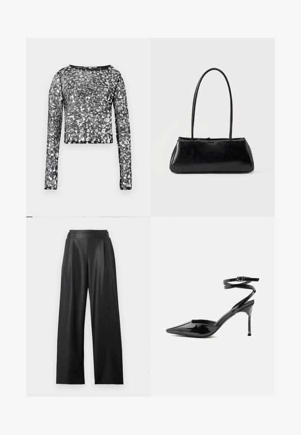 Top corto negro de manga larga con lentejuelas florales plateadas y una base de malla transparente, que presenta un escote redondo.; Pantalones anchos de cuero sintético negro con cintura alta, detalles de botones en la cintura y pliegues delanteros.; Tacón stiletto de charol negro con punta puntiaguda, tiras finas en el tobillo y cierre pequeño de hebilla.; Bolso de hombro rectangular negro con correas largas y delgadas y una textura lisa y brillante sobre un fondo liso.