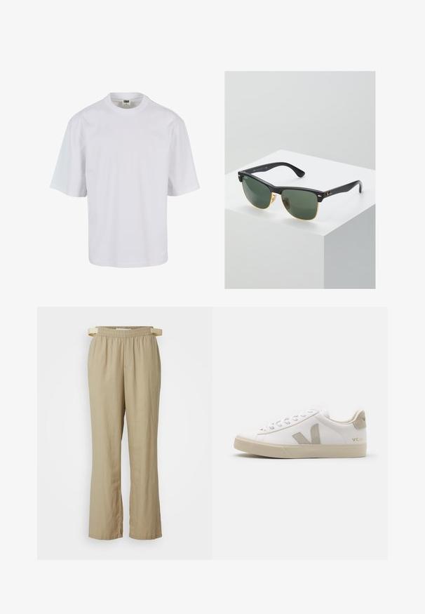 Weißes T-Shirt mit kurzen Ärmeln aus Baumwolle. Verfügt über einen Rundhalsausschnitt und einen lockeren Schnitt mit glatter Oberfläche sowie ohne sichtbare Muster oder Grafiken.; Beige, weite Hosen aus leichtem Stoff. Elastischer Bund mit Bindeband. Mit Vordertaschen und geraden Beinen.; Weiße Ledersneaker mit beigen Akzenten, flacher Gummisohle, runder Zehenpartie und kontrastierendem Logo an der Seite und Rückseite. Mit Schnürdesign.; Ray-Ban Sonnenbrillen mit grünen Gläsern, schwarzen Kunststoffrahmen und goldenen Akzenten an den Rändern. Quadratische Form mit matter Oberfläche.