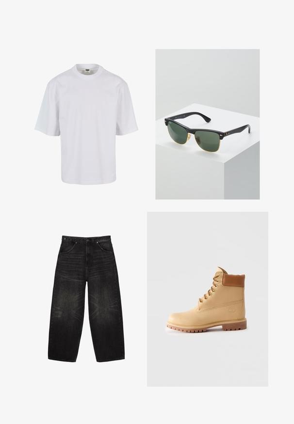 Weißes T-Shirt mit kurzen Ärmeln aus Baumwolle. Verfügt über einen Rundhalsausschnitt und einen lockeren Schnitt mit glatter Oberfläche sowie ohne sichtbare Muster oder Grafiken.; Schwarze Jeans mit weitem Bein, Fronttaschen, Gürtelschlaufen und dezenten, verwaschenen Details an Oberschenkeln und Knien.; Hellbraune Leder-Ankle-Boots mit gepolstertem Kragen, goldenen Ösen, braunen Schnürsenkeln und dicker Profilsohle auf hellem, einfarbigem Hintergrund.; Ray-Ban Sonnenbrillen mit grünen Gläsern, schwarzen Kunststoffrahmen und goldenen Akzenten an den Rändern. Quadratische Form mit matter Oberfläche.