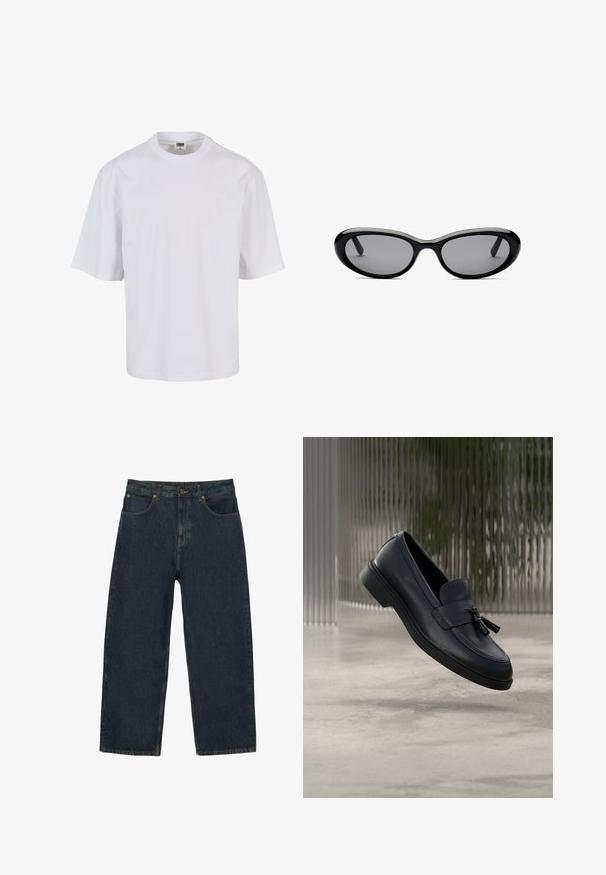 T-shirt blanc à manches courtes en coton. Il présente un col rond et une coupe ample, avec une texture lisse et sans motifs ni graphiques visibles.; Jean en denim bleu foncé taille haute, coupe droite, avec poches avant, fermeture à boutons, et coutures apparentes.; Mocassins en cuir noir avec une texture lisse, un bout arrondi et des pampilles décoratives à l'avant. Semelle en caoutchouc flexible avec un petit talon.; Lunettes de soleil ovales noires avec des verres teintés foncés et une épaisse monture brillante, montrées de face sur un fond blanc.