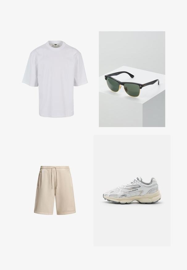 Witte, korte mouw t-shirt van katoen. Beschikt over een ronde hals en een losse pasvorm met een gladde textuur en geen zichtbare patronen of graphics.; Beige shorts van een katoenmix met een elastische tailleband en trekkoord, voorzien van twee zijzakken en een klein logo-op-patch op de zoom.; Witte sportieve schoenen met grijze accenten, bovenwerk van mesh en synthetisch materiaal, vetersluiting en een geprofileerde rubberen zool met looppatronen.; Ray-Ban zonnebrillen met groene lenzen, zwarte plastic monturen en gouden accenten aan de randen. Vierkante vorm met een matte afwerking.