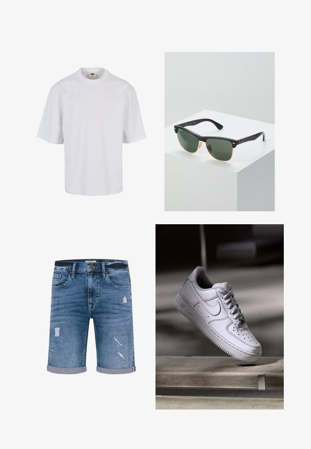 T-shirt blanc à manches courtes en coton. Il présente un col rond et une coupe ample, avec une texture lisse et sans motifs ni graphiques visibles.; Shorts en denim de couleur bleu moyen avec des détails déchirés, des ourlets retroussés, cinq poches et une fermeture à bouton en métal. Coupe standard.; La basket Nike Air Force 1 en cuir blanc présente un embout perforé, des lacets plats et une semelle en caoutchouc texturée avec le logo « AIR » sur le côté.; Lunettes de soleil Ray-Ban avec des verres verts, monture en plastique noir et accents dorés sur les bords. Forme carrée avec une finition mate.