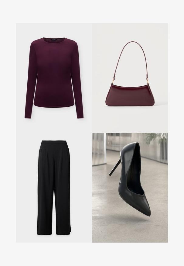Camisa ajustada de mujer de manga larga en morado oscuro con cuello redondo sobre fondo claro uniforme.; Pantalones negros de pierna ancha con pliegues en la parte delantera, cintura entallada y dobladillo recto sobre un fondo liso.; Zapato de tacón alto de cuero negro con punta afilada, diseño elegante y sin herrajes visibles. Textura suave y estilo minimalista.; Bolso brillante de color burdeos oscuro con un asa fina y única y una forma elegante de trapecio sobre un fondo claro y liso.