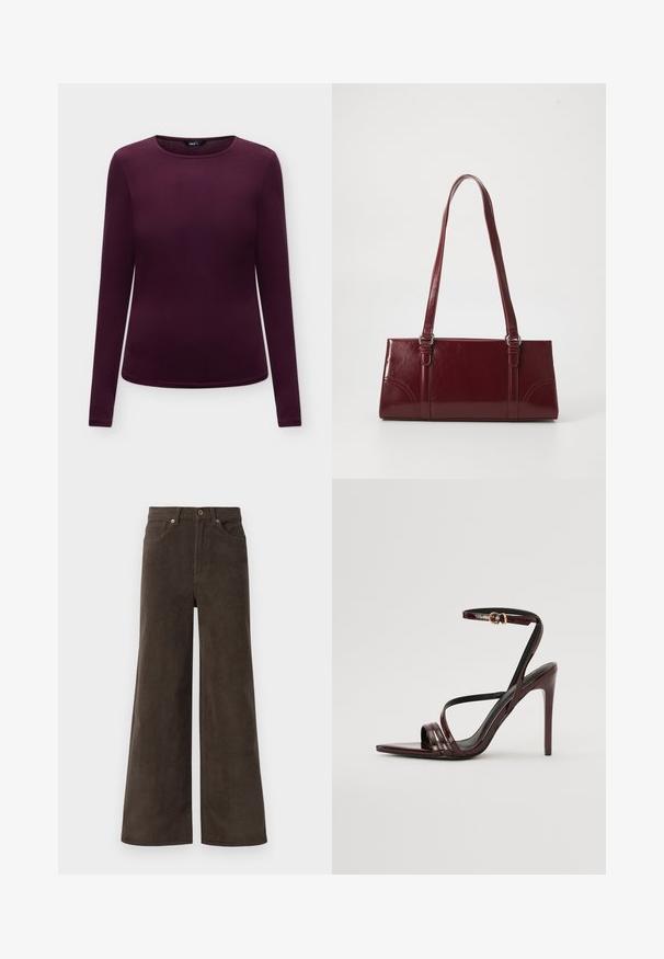 Camisa ajustada de mujer de manga larga en morado oscuro con cuello redondo sobre fondo claro uniforme.; Pantalones de pana de pierna ancha en marrón oscuro con bolsillos frontales, trabillas para cinturón y cierre de botón en la cintura.; Sandalia de tacón alto de charol burdeos con tira en el tobillo, punta afilada y tres tiras horizontales en el pie. Detalle de hebilla en tono dorado.; Bolso burdeos hecho de material brillante, de forma rectangular, con dos asas para el hombro y sutiles acentos curvados en la parte frontal.