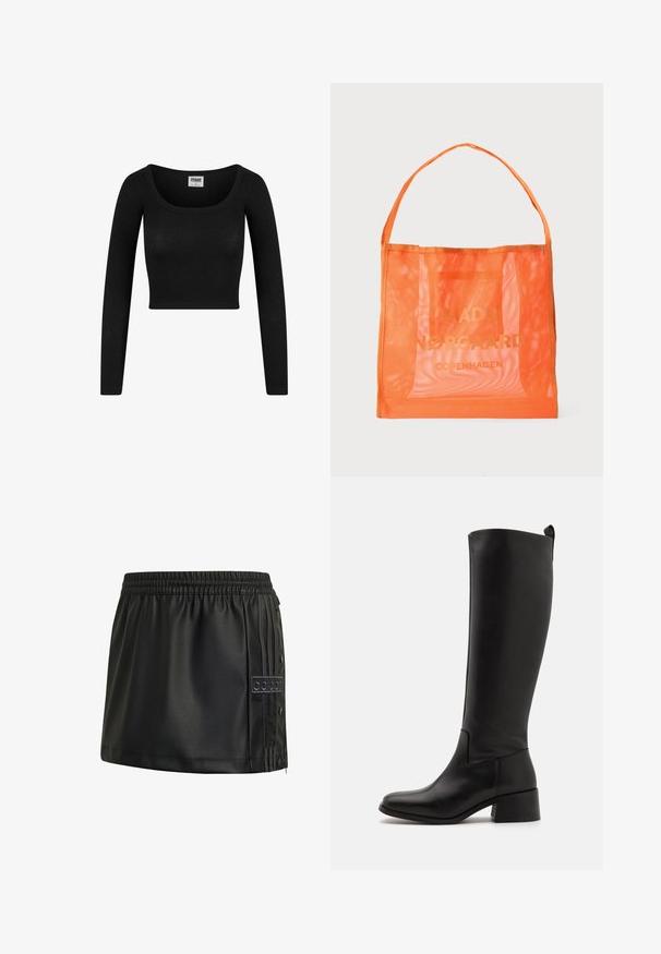 Zwarte lange mouwen cropped top met een ronde halslijn, gemaakt van ribgebreid materiaal. Heeft een aansluitende pasvorm en een zachte textuur.; Zwarte mini-rok van kunstleer met elastische tailleband, zijknopjes en Adidas-logo op gestreept paneel.; Zwarte laarzen tot de knie, gemaakt van soepel leer, met een blokhak, ronde neus en een strakke, ongecompliceerde uitstraling.; Oranje net-tas met lange handvatten en vage tekst met de tekst "MADS NORGAARD COPENHAGEN" aan de voorkant.