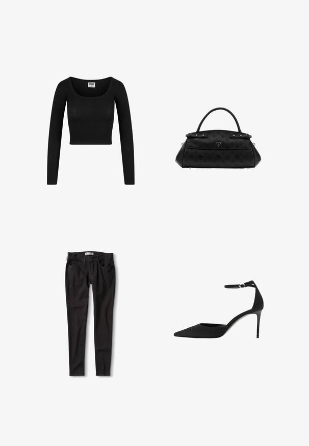 Sort langærmet cropped top med bådformet halsudskæring, lavet af ribbet stof. Har en tætsiddende silhuet og blød tekstur.; Sorte denim jeans med lige pasform, der har en standard livkant, bæltestropper og to forlommer. Glat tekstur, minimal hardware.; Sort spids højhælet sko lavet af glat materiale, med en ankelrem med sølvspænde og en slank hæl.; Sort GUESS håndtaske med præget logomønster, enkelt håndtag, klaplukning og en trekantet metalemblem foran.