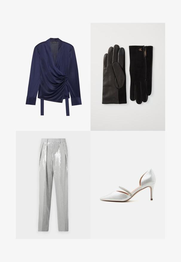 Anna Field Μπλούζα με μακριά μανίκια - dark blue; Good American SUITING GOOD TROUSER - Παντελόνι - grey; Ασημί γόβα με μυτερή μύτη, χαμηλό τακούνι στιλέτο και λεπτό λουράκι διακοσμημένο με στρας στο πάνω μέρος του ποδιού.; Μαύρα δερμάτινα γάντια με σουέντ λεπτομέρειες, που διαθέτουν απαλό υφή, ευθείες δάχτυλα και λεπτομέρεια με λογότυπο. Κλασικός σχεδιασμός με ελαστική μανσέτα.