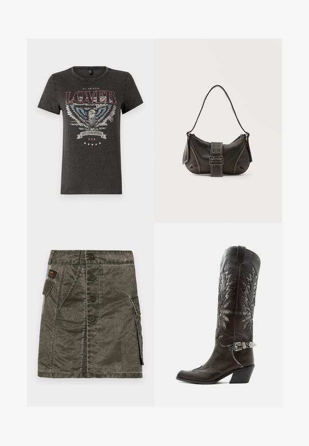Graues Baumwoll-T-Shirt mit einem Adler-Graphic mit blauen Flügeln, rotem Text "ALL AMERICAN LOVER" und einem Banner mit "SETTLE FOR NOTHING."; Olivgrüner Rock mit Knopfverschluss, gefertigt aus strukturierter Stoff, mit einer Seiten Tasche und gestickten Details. Reguläre Passform, knielanges Design.; Schwarzer Leder-Cowboystiefel mit dekorativen Ausschnitten, silberner Schnalle und schräger Ferse, auf weißem Hintergrund dargestellt.; Schwarze Leder-Schultertasche mit Schnallengurt-Detail, abgerundeten Kanten und kontrastierenden weißen Nähten auf schlichtem Hintergrund.