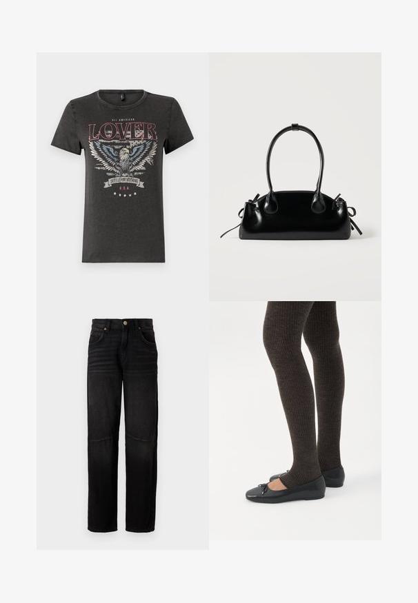 Camiseta de algodón gris con un gráfico de un águila con alas azules, texto rojo que dice "AMANTE TOTALMENTE AMERICANO" y una pancarta que dice "NO TE CONFORMES CON NADA".; Vaqueros de denim negro con corte recto, estilo de cinco bolsillos, cierre de botón y sutil desgaste en los muslos y las rodillas.; Piernas con leggings oscuros acanalados combinados con bailarinas negras que presentan pequeños detalles de lazo sobre un fondo blanco.; Pequeño bolso negro brillante con dos asas largas y detalles de cordón lateral sobre un fondo claro liso.