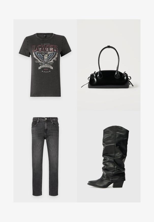 T-shirt en coton gris avec un graphique d'aigle aux ailes bleues, un texte rouge indiquant "AMOUREUX 100 % AMÉRICAIN" et une bannière portant l'inscription "ACCEPTEZ RIEN DE MOINS".; Jean en denim noir à coupe droite, cinq poches et fermeture à boutons sur le devant. Texture douce avec un léger effet délavé et des coutures contrastées.; Bottes noires en cuir, montantes jusqu'au genou, avec un design plissé, un bout pointu et un talon épais, présentant une texture lisse et des coutures minimales.; Petit sac à main noir brillant avec deux longues anses et des détails à cordon sur les côtés sur un fond clair uni.