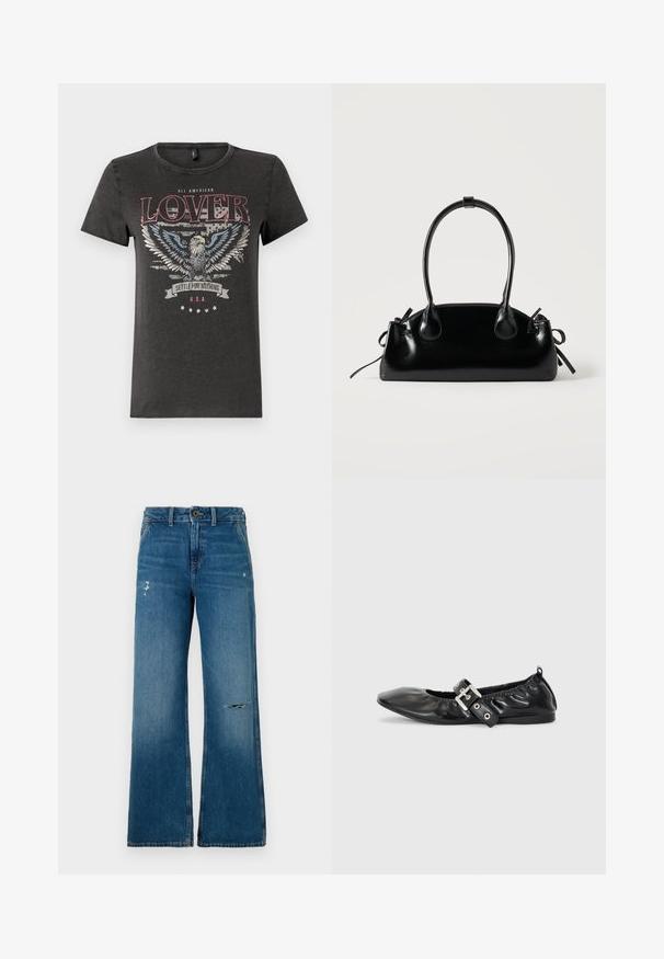 Camiseta de algodón gris con un gráfico de un águila con alas azules, texto rojo que dice "AMANTE TOTALMENTE AMERICANO" y una pancarta que dice "NO TE CONFORMES CON NADA".; Jeans de mezclilla azul de piernas anchas con una textura desgastada, que presentan dos áreas desgastadas en la parte frontal, un cierre de botón y diseño de cinco bolsillos.; Zapato plano de piel negra con puntera afilada, detalle fruncido alrededor de la abertura y un acento de hebilla plateada en la correa ajustable.; Pequeño bolso negro brillante con dos asas largas y detalles de cordón lateral sobre un fondo claro liso.