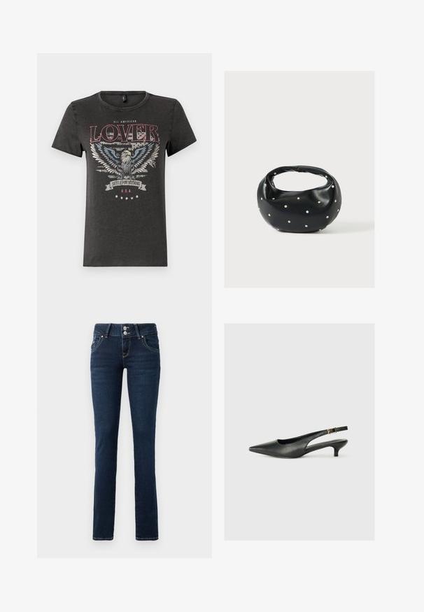 Grå bomulds T-shirt med et ørnegraphic med blå vinger, rød tekst der læser "ALL AMERICAN LOVER," og et banner med "SETTLE FOR NOTHING."; Mørkeblå skinny jeans med dobbeltknaplukning, frontlommer og gule syninger på hvid baggrund.; Sorte spidse slingback-sko lavet af glat læder. Har en tynd hæl og en spænde detalje på den justerbare rem.; Sort læderhåndtaske med en rundet form, dekoreret med sølvnitter, og et kort håndtag. Glat tekstur og lynlåslukning.
