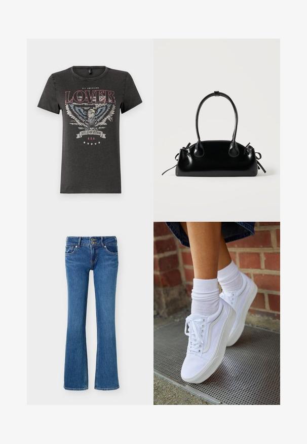 Graues Baumwoll-T-Shirt mit einem Adler-Graphic mit blauen Flügeln, rotem Text "ALL AMERICAN LOVER" und einem Banner mit "SETTLE FOR NOTHING."; Blaue Denim-Bootcut-Jeans mit Doppelknopfverschluss, Vorder- und Gesäßtaschen sowie Standard-Nähdetails.; Weiße Leinensneaker mit Gummisohlen, ausgestattet mit sechs Ösen, runder Zehenpartie und dezenten Nähten, kombiniert mit weißen Knöchelsocken.; Kleine schwarze glänzende Handtasche mit zwei langen Griffen und seitlichen Kordelzug-Details vor einfachem hellem Hintergrund.