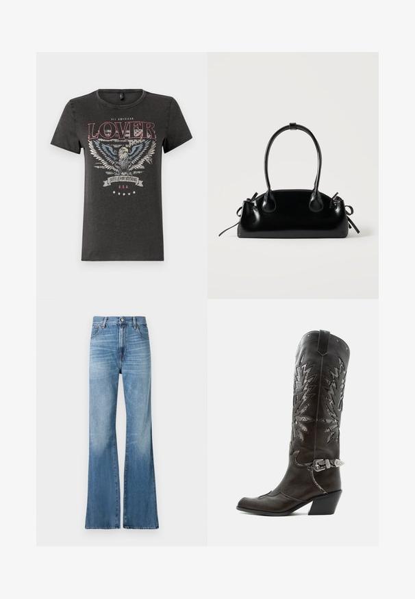 Graues Baumwoll-T-Shirt mit einem Adler-Graphic mit blauen Flügeln, rotem Text "ALL AMERICAN LOVER" und einem Banner mit "SETTLE FOR NOTHING."; Replay BECKA PANTS - Jeans Relaxed Fit - medium blue; Schwarzer Leder-Cowboystiefel mit dekorativen Ausschnitten, silberner Schnalle und schräger Ferse, auf weißem Hintergrund dargestellt.; Kleine schwarze glänzende Handtasche mit zwei langen Griffen und seitlichen Kordelzug-Details vor einfachem hellem Hintergrund.