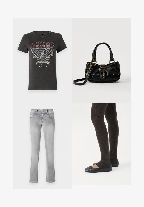 T-shirt en coton gris avec un graphique d'aigle aux ailes bleues, un texte rouge indiquant "AMOUREUX 100 % AMÉRICAIN" et une bannière portant l'inscription "ACCEPTEZ RIEN DE MOINS".; Jeans en denim gris avec une coupe ajustée, légèrement évasés à l'ourlet, deux poches avant et une fermeture à boutons. Texture délavée sur l'ensemble.; Jambes portant des leggings côtelés foncés associés à des ballerines noires avec de petits détails en nœud sur fond blanc.; Sac à main en cuir noir avec boucle dorée et détails à rivets, poignées courtes et bandoulière réglable sur fond blanc uni.