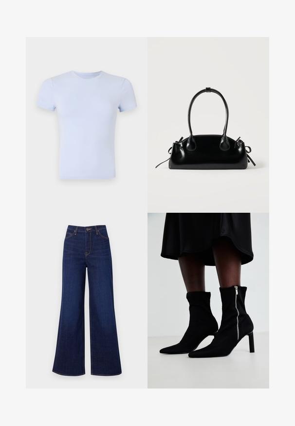 Good American SUPER STRETCH BABY TEE - Camiseta básica - periwinkle; Jeans de pierna ancha de un azul oscuro, hechos de denim, con una cintura alta, diseño de cinco bolsillos y costuras naranjas contrastantes a lo largo de las costuras.; Botas negras hasta el tobillo con un cuerpo de tela elástica, punta afilada y cierre lateral de cremallera, sobre un tacón fino y alto.; Pequeño bolso negro brillante con dos asas largas y detalles de cordón lateral sobre un fondo claro liso.