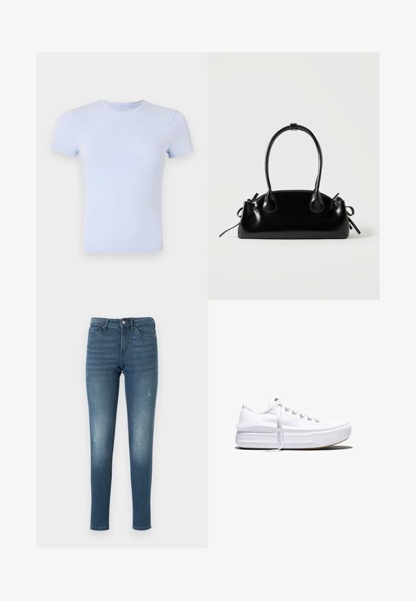 Good American SUPER STRETCH BABY TEE - Lihtne T-särk - periwinkle; Sinine denimpüksid kitsas lõikega, millel on pleekinud alad, viis taskut ja nööbikinnitusega. Kanga pind on sile ja veidi kulunud.; Valge madala lõikega lõuendijalanõu, millel on paks platvormpõhi, ees nöörimine ja kummist tekstuuriga varbakate, kujutatud külgvaates.; Väike must läikiv käekott kahe pika sangaga ja külgedel paelakinnitustega, ühel lihtsal helel taustal.