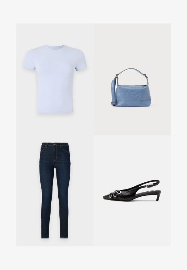 Good American SUPER STRETCH BABY TEE - Základné tričko - periwinkle; Tmavomodré úzke džínsy vyrobené z denimu, s vysokým pásom, prednými vreckami a kontrastným prešívaním. Hladká textúra, priliehajúci dizajn.; Čierna kožená slingback obuv so špicatou špičkou, tromi striebornými prackami vpredu a nízkym kitten podpätkom na bielom pozadí.; Svetlomodrá kabelka s reliéfom krokodílej kože, vybavená krátkou rukoväťou a odnímateľným ramenným popruhom. Hladká štruktúra s uzatváraním na zips.