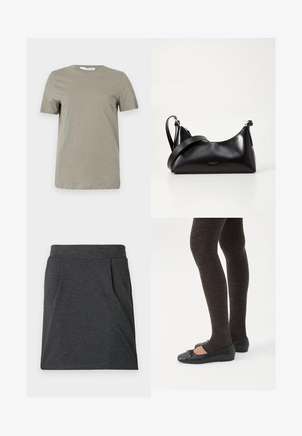 Khaki kortærmet t-shirt lavet af blødt stof. Rund halsudskæring; lige kant. Minimalistisk design uden synlige mønstre eller detaljer.; Mørkegrå stofnederdel med en tætsiddende talje, prydet med plisseringer for ekstra tekstur. Lige snitdesign, minimalt syninger og ingen mønstre.; Ben iført mørke ribbede leggings kombineret med sorte balletsko med små sløjfedetaljer på hvid baggrund.; Sort læderhåndtaske med en glat tekstur. Har en justerbar stropp og et enkelt, minimalistisk design med lynlås.