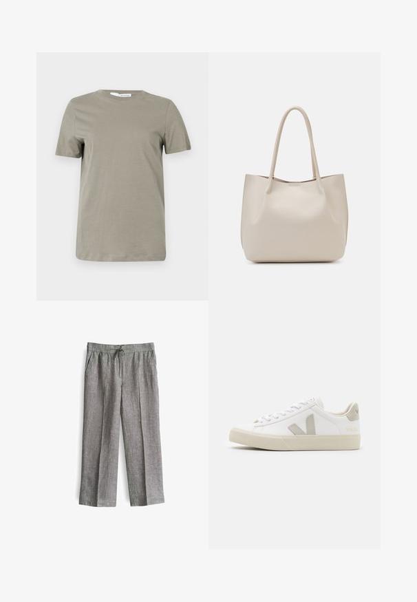 Khaki t-shirt met korte mouwen gemaakt van zacht materiaal. Ronde hals; rechte zoom. Minimalistisch ontwerp zonder zichtbare patronen of accenten.; Lichtgrijze linnenbroek met een losse pasvorm, een tailleband met koord, twee zijzakken en plooi-details aan de voorkant.; Witte sneakers van leer met grijze V-logo accenten, een gestructureerde rubberen zool, witte veters en een gevoerde tong en kraag.; Beige leren tote bag met twee schouderbanden, een gladde textuur en een open ontwerp. Heeft een minimalistische stijl zonder zichtbare hardware.