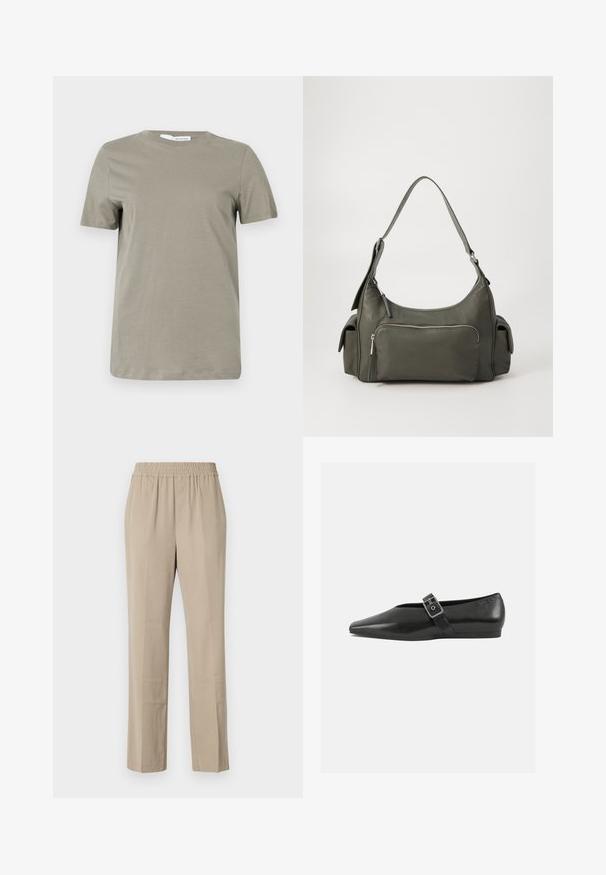 T-shirt à manches courtes couleur kaki en tissu doux. Col rond ; ourlet droit. Design minimaliste sans motifs ni accents visibles.; Pantalons beige légers avec une taille élastique, coupe droite, texture douce et plis subtils. Pas de poches visibles.; Chaussure plate en cuir noir avec un orteil pointu, présentant une sangle à boucle métallique sur le cou-de-pied et une semelle basse et flexible.; Sac à épaule en cuir vert avec un design arrondi, poche zippée à l'avant et poches supplémentaires sur les côtés. Texture lisse et matériel minimal.