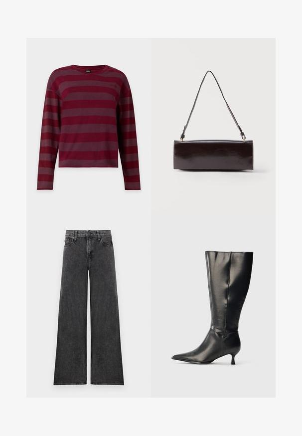 T-shirt à manches longues et col rond avec des rayures horizontales rouge foncé et bordeaux, présenté à plat sur fond blanc.; Jean en denim noir à jambes larges avec cinq poches et fermeture par boutons, présenté à plat sur un fond blanc.; Botte en cuir noire montant jusqu'au genou, avec un bout pointu et un petit talon bas, présentée sur un fond clair uni.; Sac à main rectangulaire en cuir noir avec une longue bandoulière unique et une finition brillante, présenté sur un fond blanc uni.