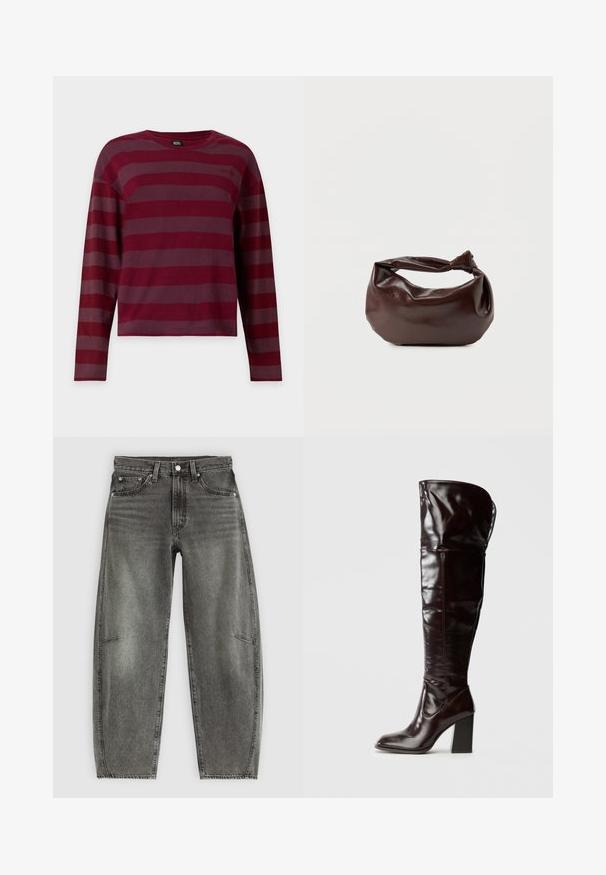 Camiseta de manga larga con cuello redondo y rayas horizontales en rojo oscuro y granate, presentada plana sobre un fondo blanco.; Jeans de mezclilla gris deslavado de cintura alta con cinco bolsillos, cierre de botón y un corte recto relajado.; Botas de cuero burdeos brillante hasta la rodilla, con punta cuadrada y tacón ancho, con un diseño holgado y detalles mínimos de costura.; Bolso de hombro de cuero marrón oscuro con una forma suave y caída, y un asa con nudo torcido sobre un fondo blanco liso.