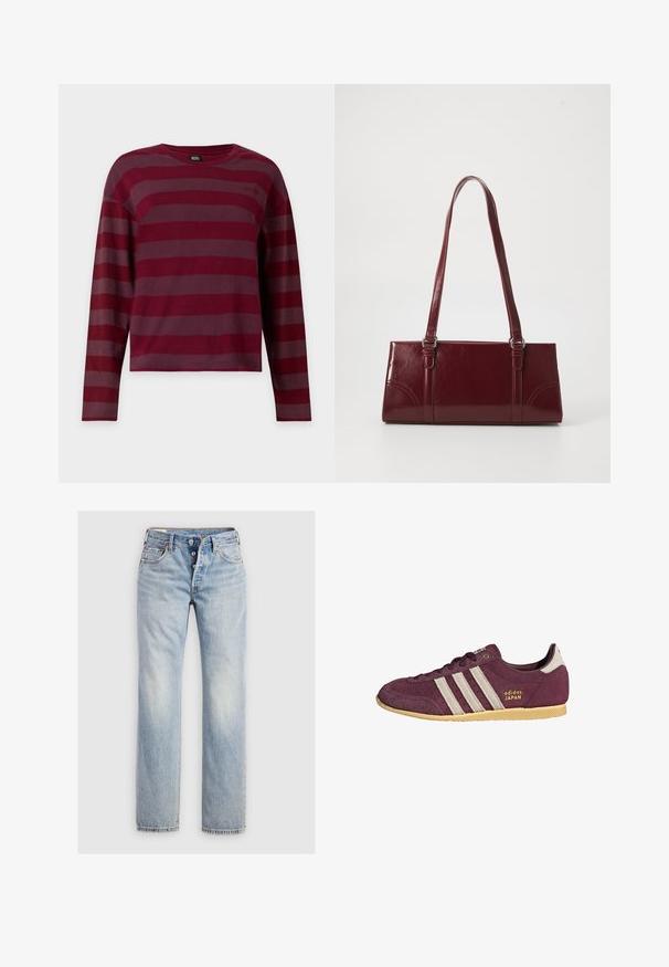T-shirt à manches longues et col rond avec des rayures horizontales rouge foncé et bordeaux, présenté à plat sur fond blanc.; Jeans en denim bleu clair avec une coupe droite, une fermeture à cinq boutons et des poches arrière avec un subtil détail de couture.; Baskets en daim bordeaux avec trois bandes horizontales crème, logo doré "adidas JAPAN" et semelle extérieure en gomme texturée.; Sac à main bordeaux en matériau brillant, de forme rectangulaire, avec deux anses et des accents légèrement courbés à l'avant.