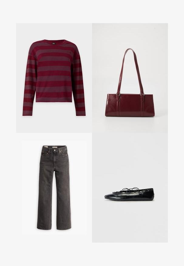 Langarmshirt met ronde hals en horizontale donkerrode en bordeaux strepen, plat op een witte achtergrond gelegd.; Hoge taille, wijde pijp jeans van donkergrijze denim, met zijzakken, contrasterende koperen klinknagels en een strakke afwerking zonder versieringen.; Zwarte puntige platte schoen met vetersluiting en oogjes langs de randen, weergegeven op een witte achtergrond.; Bourgondische handtas van glanzend materiaal, rechthoekige vorm, met twee schouderbanden en subtiele gebogen accenten aan de voorkant.
