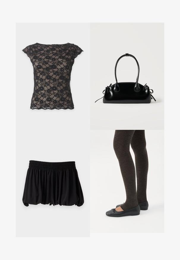 Haut court en dentelle noire avec motif floral et bords festonnés, tissu transparent laissant apparaître une doublure beige en dessous.; Mini-jupe noire avec un ourlet bouffant et une large ceinture élastique froncée sur un fond clair uni.; Jambes portant des leggings côtelés foncés associés à des ballerines noires avec de petits détails en nœud sur fond blanc.; Petit sac à main noir brillant avec deux longues anses et des détails à cordon sur les côtés sur un fond clair uni.