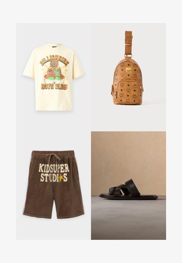 Cremweißes Baumwoll-T-Shirt mit einem farbenfrohen Motiv eines Bären in einem orangefarbenen Trikot, darüber der Schriftzug "Billionaire Boys Club". Kurze Ärmel.; Braune Fleece-Shorts mit Kordelzugbund und dem Text "KIDSUPER STUDIOS" sowie einem gelben Stern vorne, violette Seitenpaneele mit gelben Sternen.; Schwarze Leder-Sandale mit flachem Absatz und drei überkreuzten Riemen, schwebend über einem gewebten Teppich aus Naturfasern.; Kleine hellbraune Leder-Crossbody-Tasche mit verstellbarem Riemen, Frontreißverschlusstasche und sich wiederholendem schwarzem MCM-Logo-Muster.