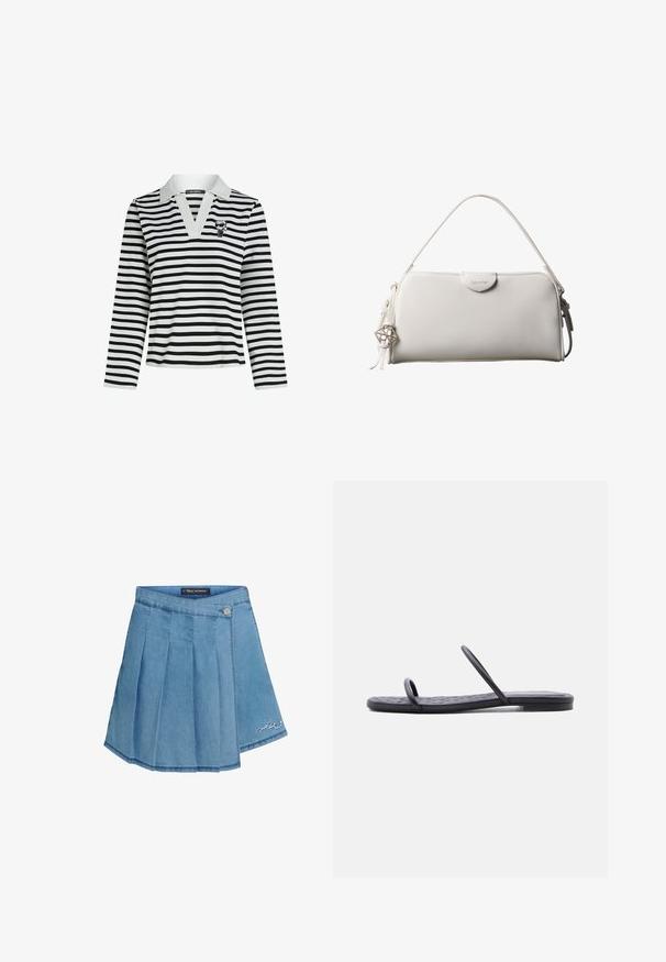 Gestreept zwart-wit polo-shirt met lange mouwen, voorzien van een V-hals en een klein grafisch logo op de borst. Zachte stoftextuur.; Denim rok in lichtblauw met geplooid ontwerp, metalen knoopsluiting en geborduurd detail aan de zoom. Gladde textuur en A-lijn vorm.; Zwarte platte sandaal met dunne doorgestikte zool en twee smalle bandjes over de tenen en middenvoet, zijaanzicht op witte achtergrond.; Witte rechthoekige Calvin Klein handtas met enkele handgreep, minimalistisch ontwerp en decoratieve kwastjes met geometrische metalen hanger aan de zijkant.