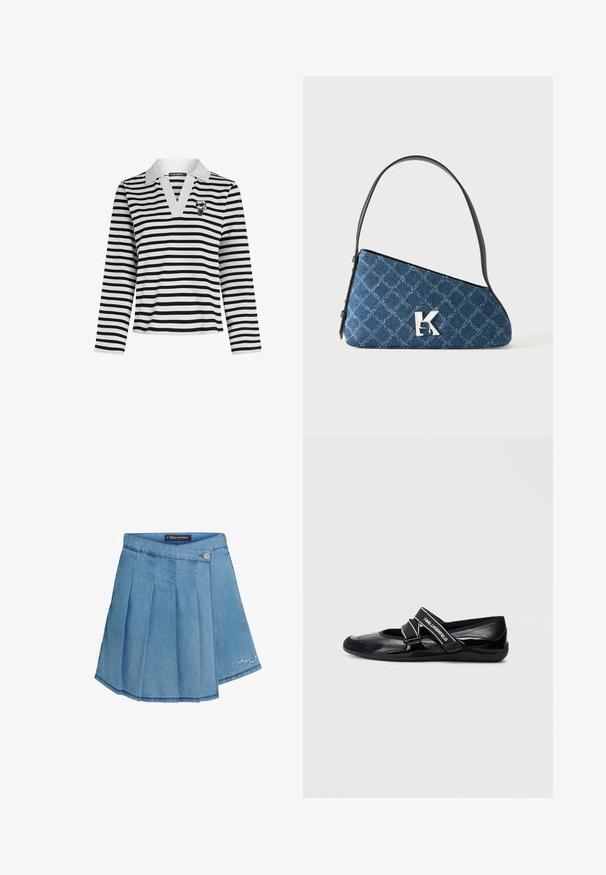 Gestreept zwart-wit polo-shirt met lange mouwen, voorzien van een V-hals en een klein grafisch logo op de borst. Zachte stoftextuur.; Denim rok in lichtblauw met geplooid ontwerp, metalen knoopsluiting en geborduurd detail aan de zoom. Gladde textuur en A-lijn vorm.; Zwarte balletschoenen met een glanzende afwerking, voorzien van een brede band met logo, open zijkanten en een gevoerde zool voor comfort.; Blauwe doorgestikte denim schoudertas met zwarte riem en zilveren "K"-logo aan de voorkant, afgebeeld op een effen witte achtergrond.
