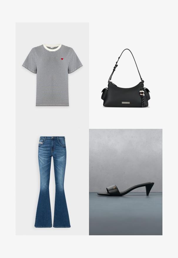 Zwart-wit horizontaal gestreept T-shirt met korte mouwen, een witte kraag en een klein rood hart geborduurd op de linkerborst.; Uitgebreide jeans in middelblauwe denim, met een hoge taille, vijf zakken en subtiele vervagingdetails op de dijen.; Zwarte leren open-teen sandaal met hak en een gouden logo op het bandje, zwevend boven een betegeld buitenoppervlak met groen op de achtergrond.; Zwarte leren handtas met korte verstelbare schouderriem, zijvakjes, zilveren logo plaatje en een karaktersleutelhanger met zonnebril en wit haar.