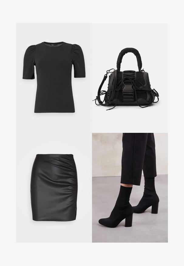 Chemise noire à manches courtes en coton, dotée d'un col rond et de manches bouffantes. Texture lisse avec une coupe ajustée.; Jupe longue en simili cuir noir ajustée avec une texture froncée sur un côté et une petite fente sur l'ourlet, créant une silhouette élégante.; Bottines à talons noires avec un dessus en ribbed comme une chaussette, surface lisse, bout rond et un talon carré pour plus de stabilité.; Sac à main noir avec un extérieur en maille, une poignée tissée et un laçage décoratif. Comprend une bandoulière amovible et des accents en matériel contrastants.