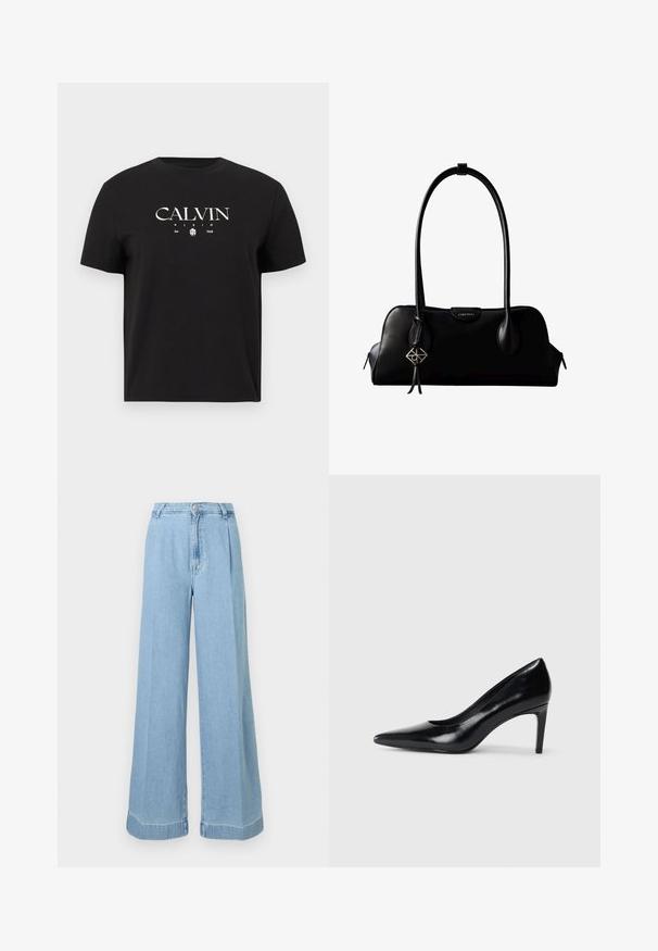 Schwarzes T-Shirt mit kurzen Ärmeln und einem weißen "CALVIN KLEIN Est. 1968"-Logo sowie einer kleinen Grafik in der Mitte vorne.; Helle blaue Jeans im weit geschnittenen Schnitt mit hoher Taille, Falten an der Vorderseite und einem rohen Saum für einen lässigen Look.; Schwarzer Lederhochschuh mit spitzem Zehenbereich, glatter Textur und schmalem Absatz. Minimalistisches Design, keine zusätzlichen Verzierungen.; Schwarze Lederhandtasche von Calvin Klein mit langen Henkeln, einem vorderen Logo-Tag und einem silbernen geometrischen Anhänger, der an einem Henkel hängt.