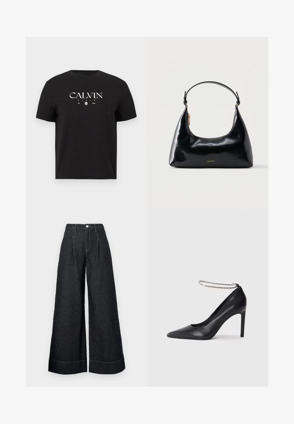 Must lühikeste varrukatega T-särk, millel on valge "CALVIN KLEIN Est. 1968" logo ja väike graafika keskel ees.; Laia musta denimitest vöökohaga püksid, millel on ees voldid, nööbikinnitus ja kontrastsete õmblustega servad.; Must musta kõrged kontsad mustast nahast, terava varbaga, millel on õhuke hõbedane kett jalaümber ja sile, läikiv tekstuur.; Musta läikiv Calvin Kleini käekott kuldse luku ja lühikese rihmaga valgel taustal.
